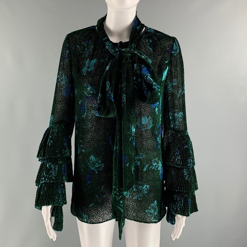 PRABAL GURUNG Size 0 Green Black Viscose Silk Abstract floral V-Neck Dress Top